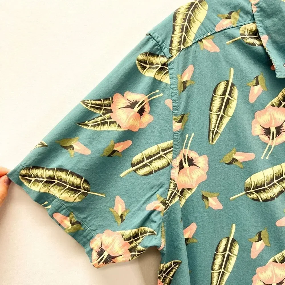 RVCA Tropical Hawaiian Shirt Green Floral Print Short Sleeve Button Down Shirt L